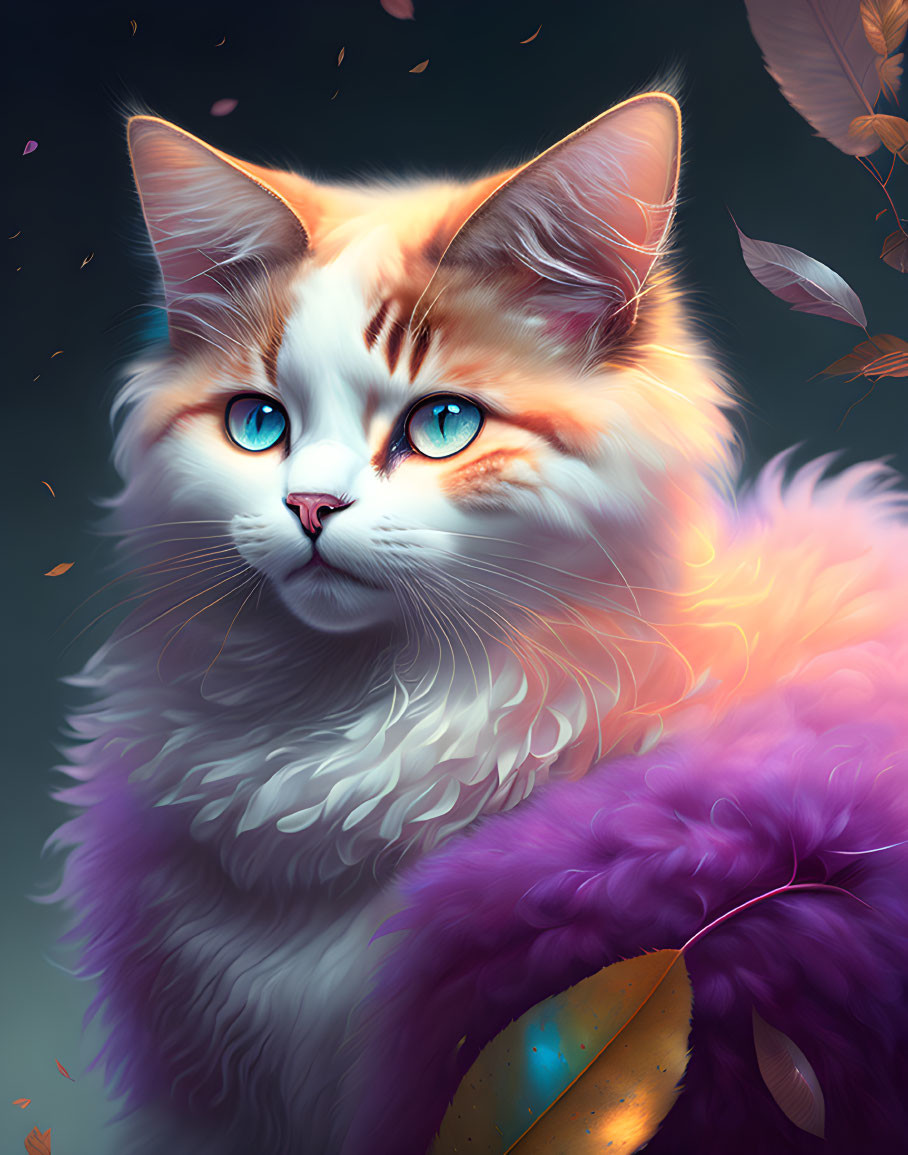 Orange and White Cat Portrait with Blue Eyes and Falling Leaves on Teal Background