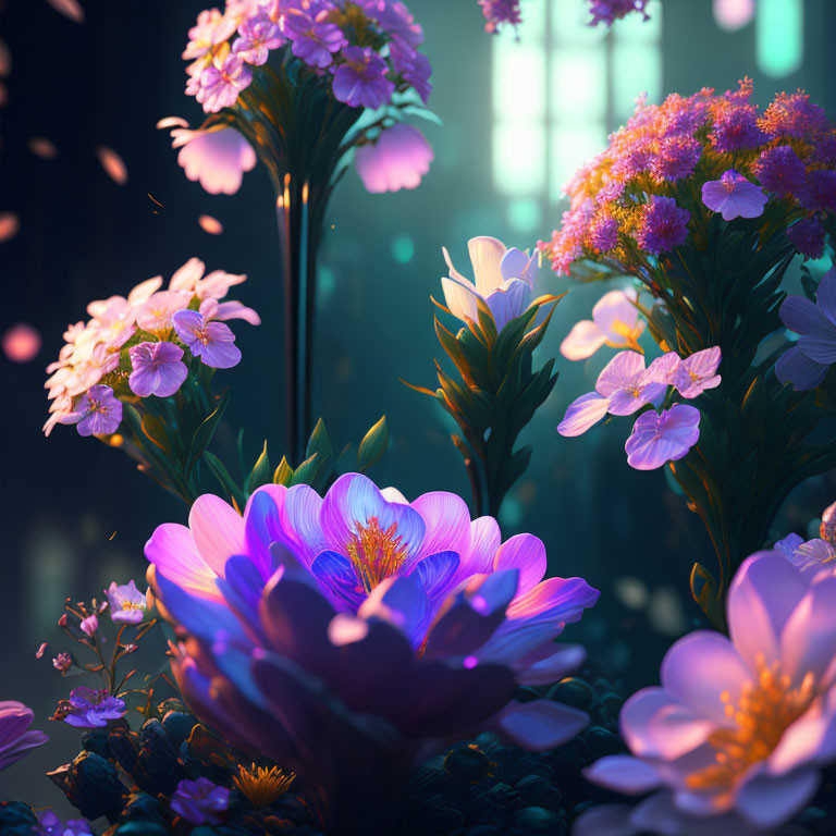 Vibrant digital artwork of mystical garden with glowing purple and pink flowers