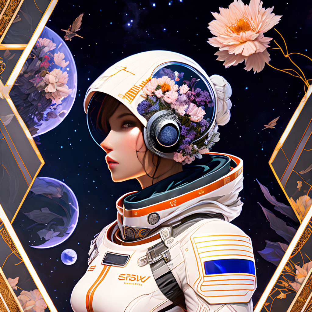 Colorful Space Suit Woman with Floral Helmet in Cosmic Setting