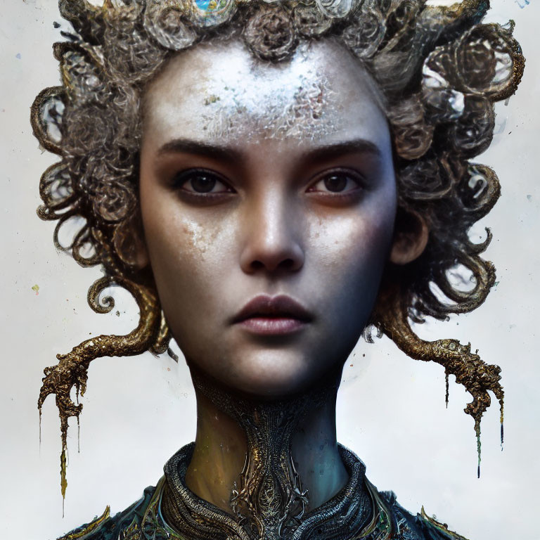 Fantastical digital portrait with ornate, metallic textures