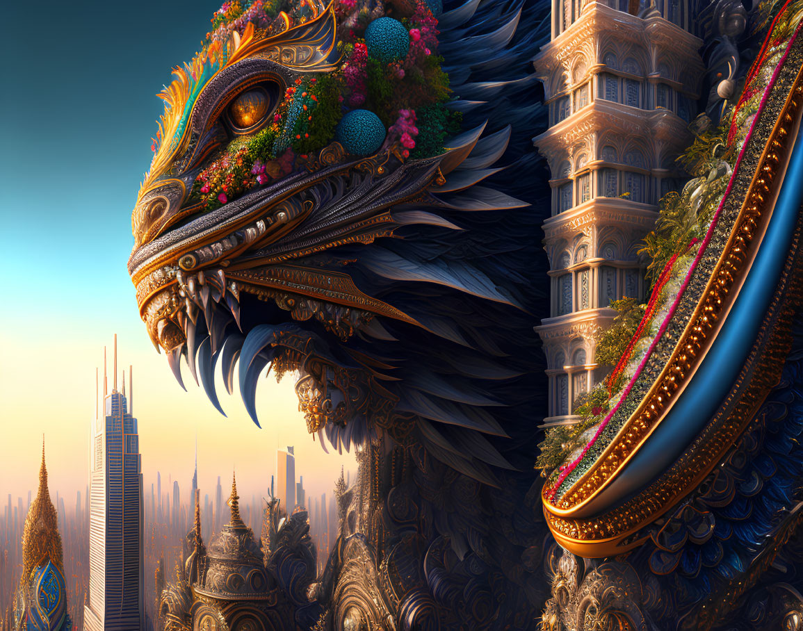 Detailed dragon artwork with ornate scales in a fusion of traditional and futuristic architecture against a cityscape.