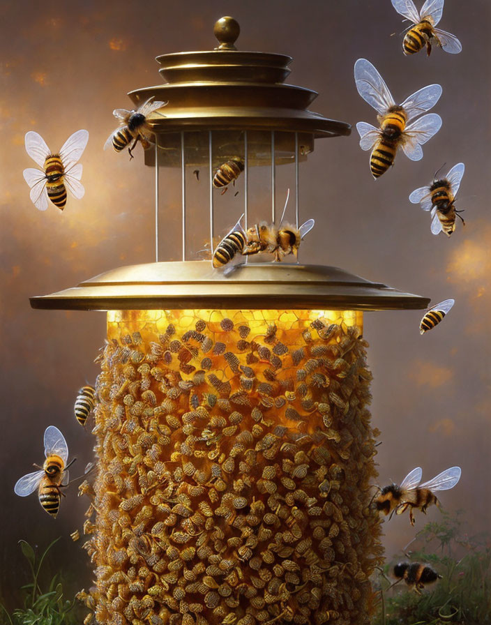 Swarm of Bees Flying Around Lamp Post with Large Honeycomb