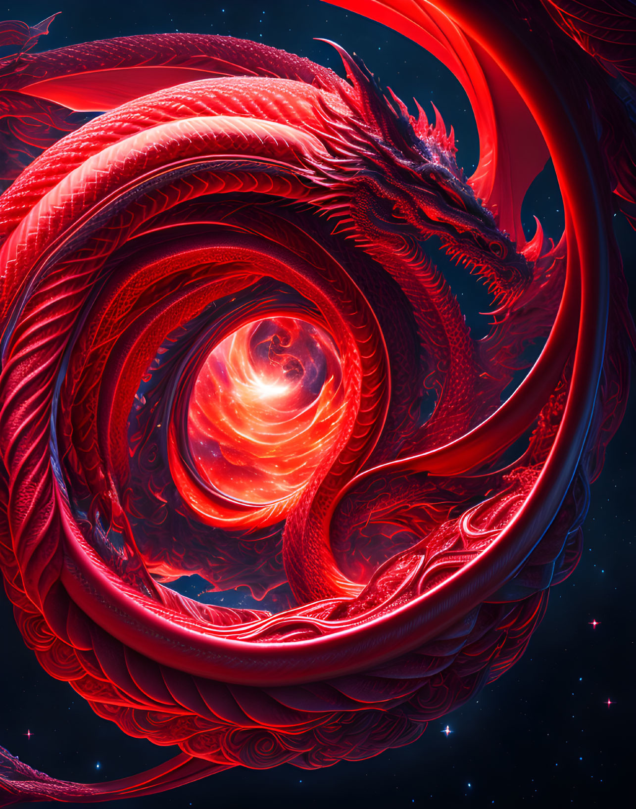 Luminous red dragon amidst swirling galaxy in deep space