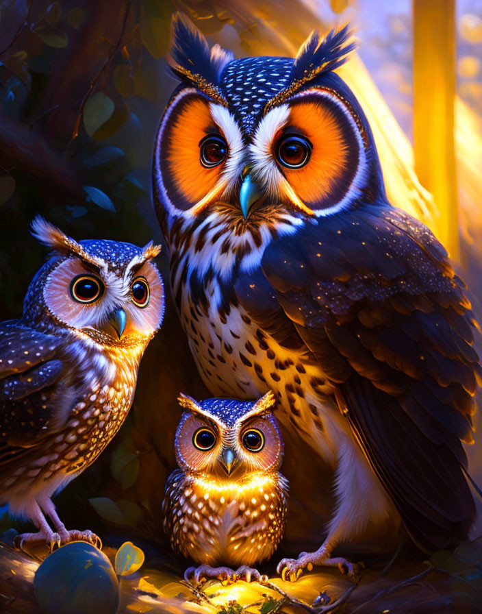 Three colorful owls in enchanted forest scene with large eyes