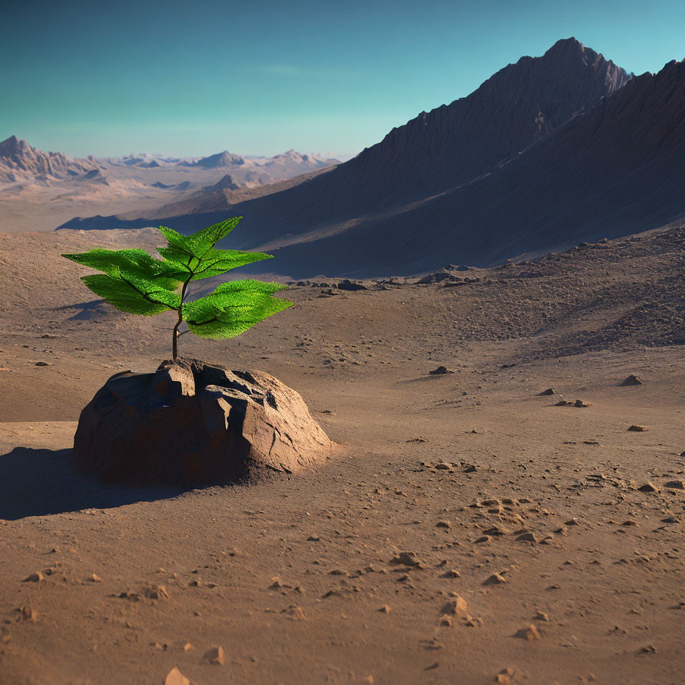 Lush green sapling against desert backdrop