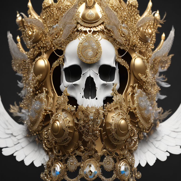 Intricate Golden and White Mask with Angelic Wings and Jewels