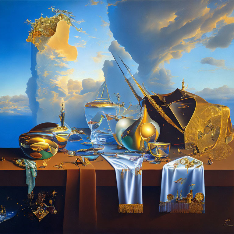 Surreal painting: floating elements, fluid shapes, reflective surfaces, ocean, blue sky, dramatic