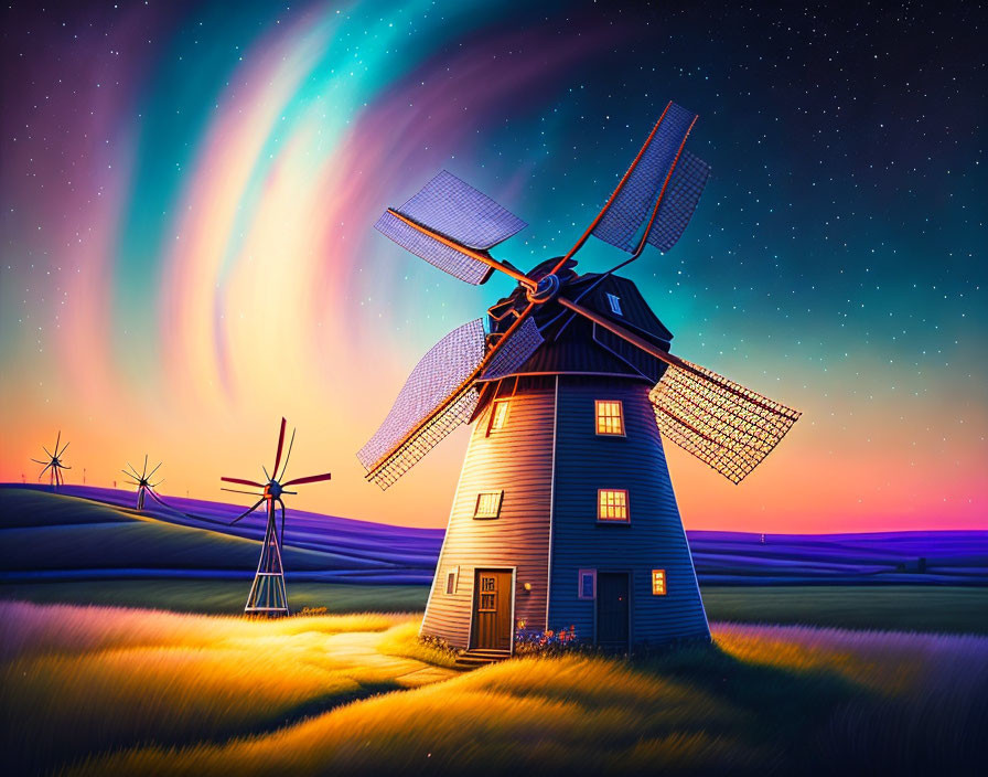 Traditional windmills in surreal sky with green aurora over farmland at dusk