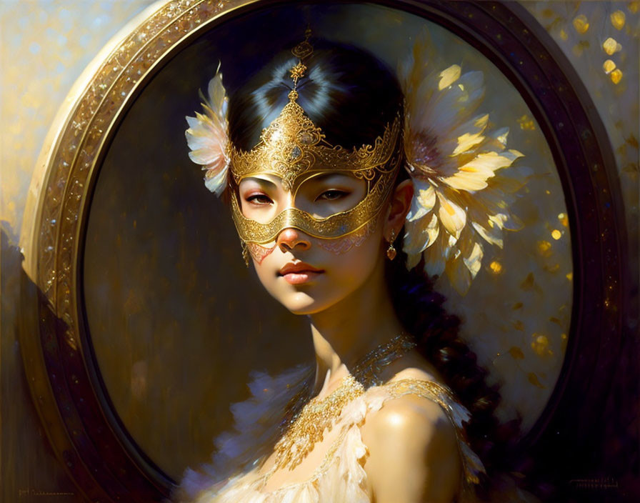 Woman in ornate golden mask with feather details and elegant jewelry in warm, golden setting.