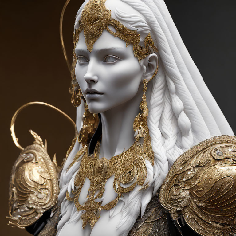 Ethereal figure with pale skin and elaborate gold headgear