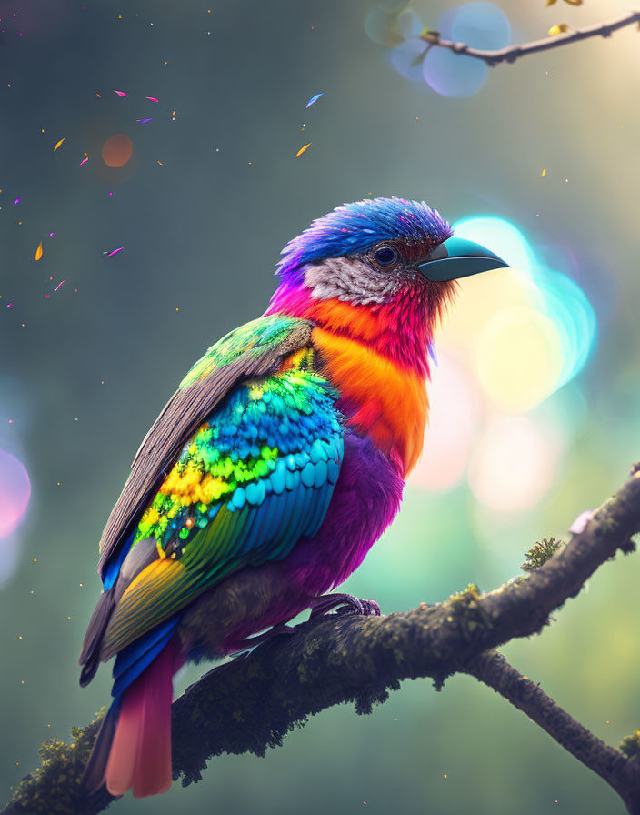 Colorful Bird with Rainbow Plumage Perched on Branch with Bokeh Effect