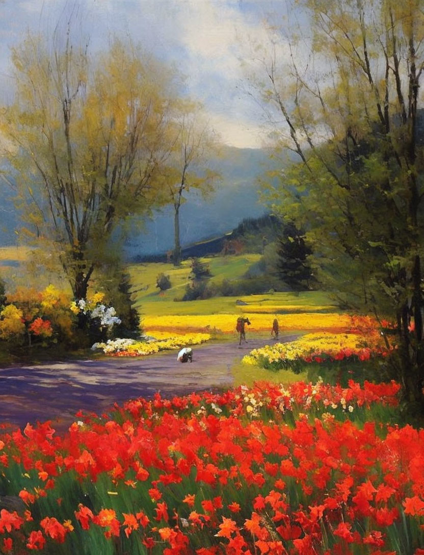 Colorful Meadow Painting with Flowers, Dog, and Figures