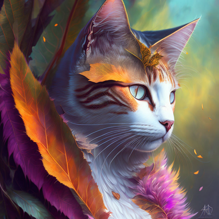 Cat digital artwork: vibrant autumn leaves & butterfly create magical, serene scene