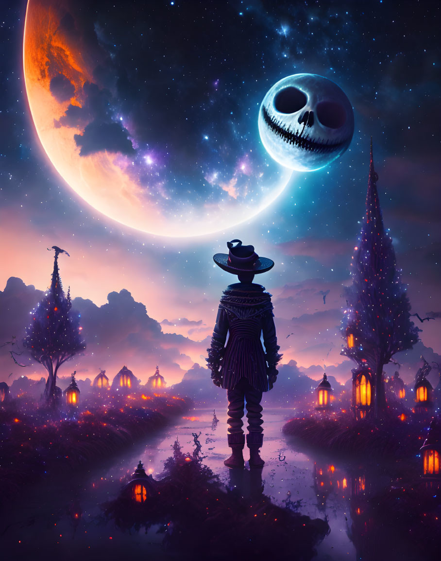 Person in Striped Suit with Oversized Bowtie and Top Hat in Mystical Night Sky with Crescent