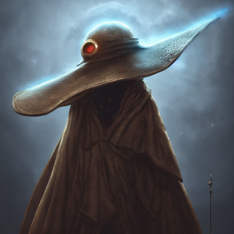 Mysterious cloaked figure with beak mask under starlit sky