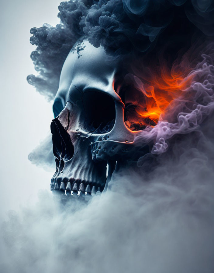 Skull partially covered in swirling blue and red smoke on warm and cool background