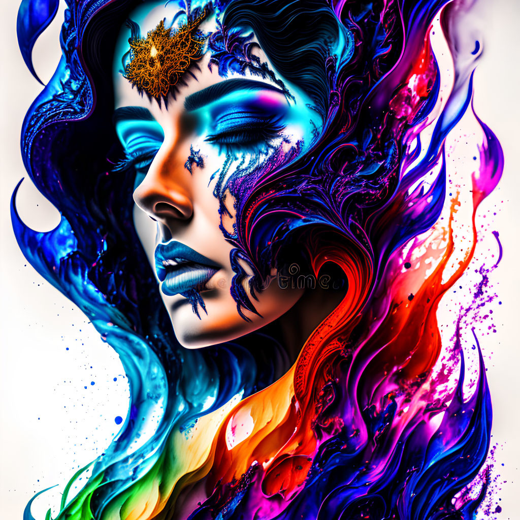 Vibrant woman illustration with blue makeup and hair in fluid spectrum of colors