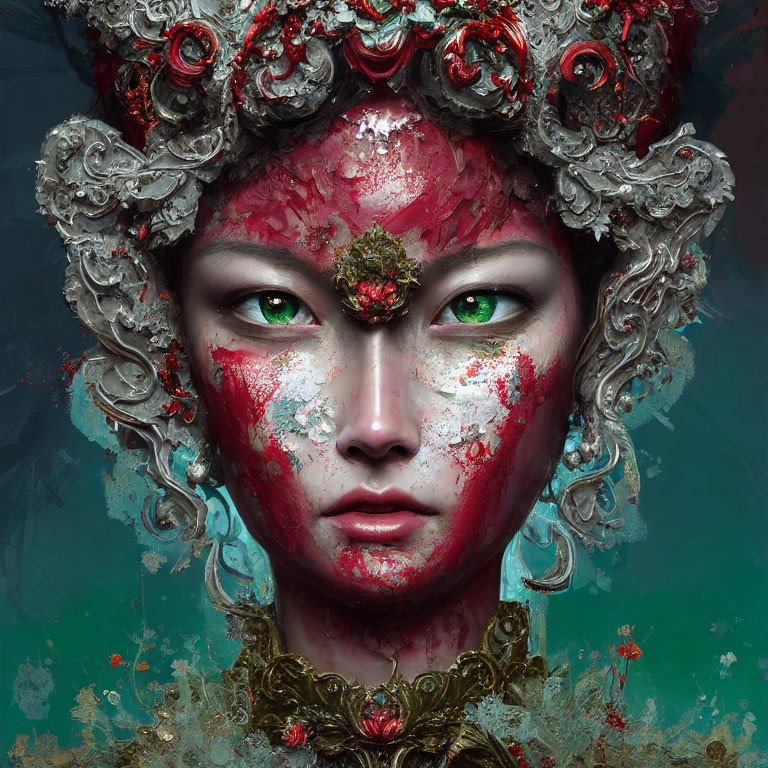 Person with intricate headgear and face paint in digital artwork