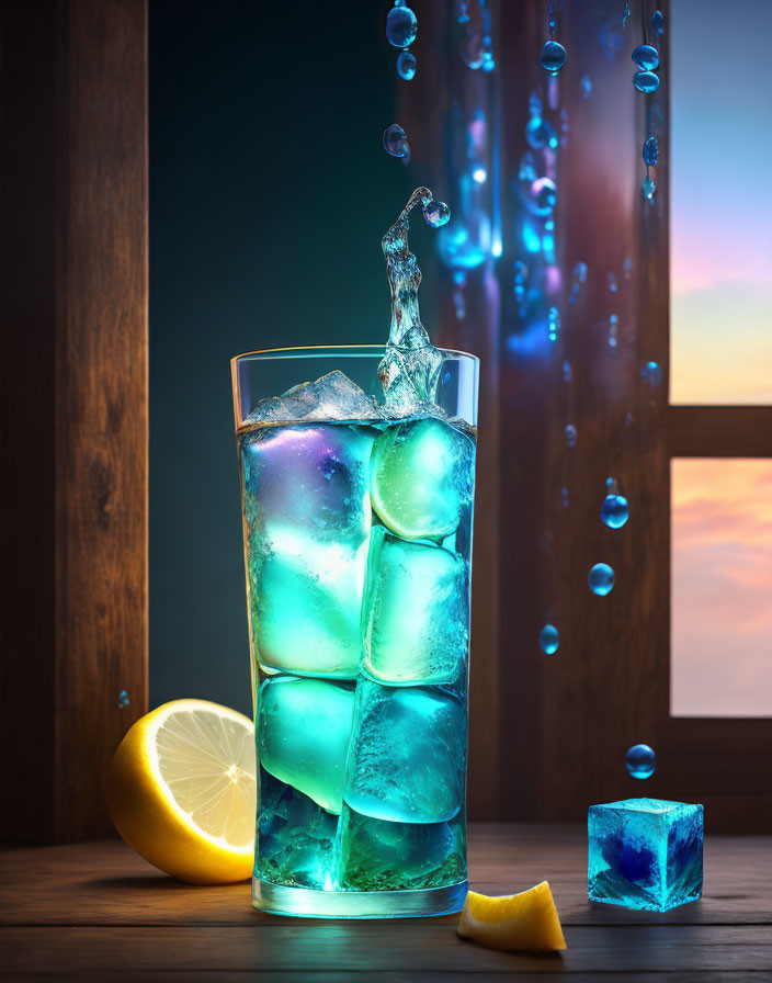 Blue glowing ice cubes in glass with lemon slices, ice, and sunset view.