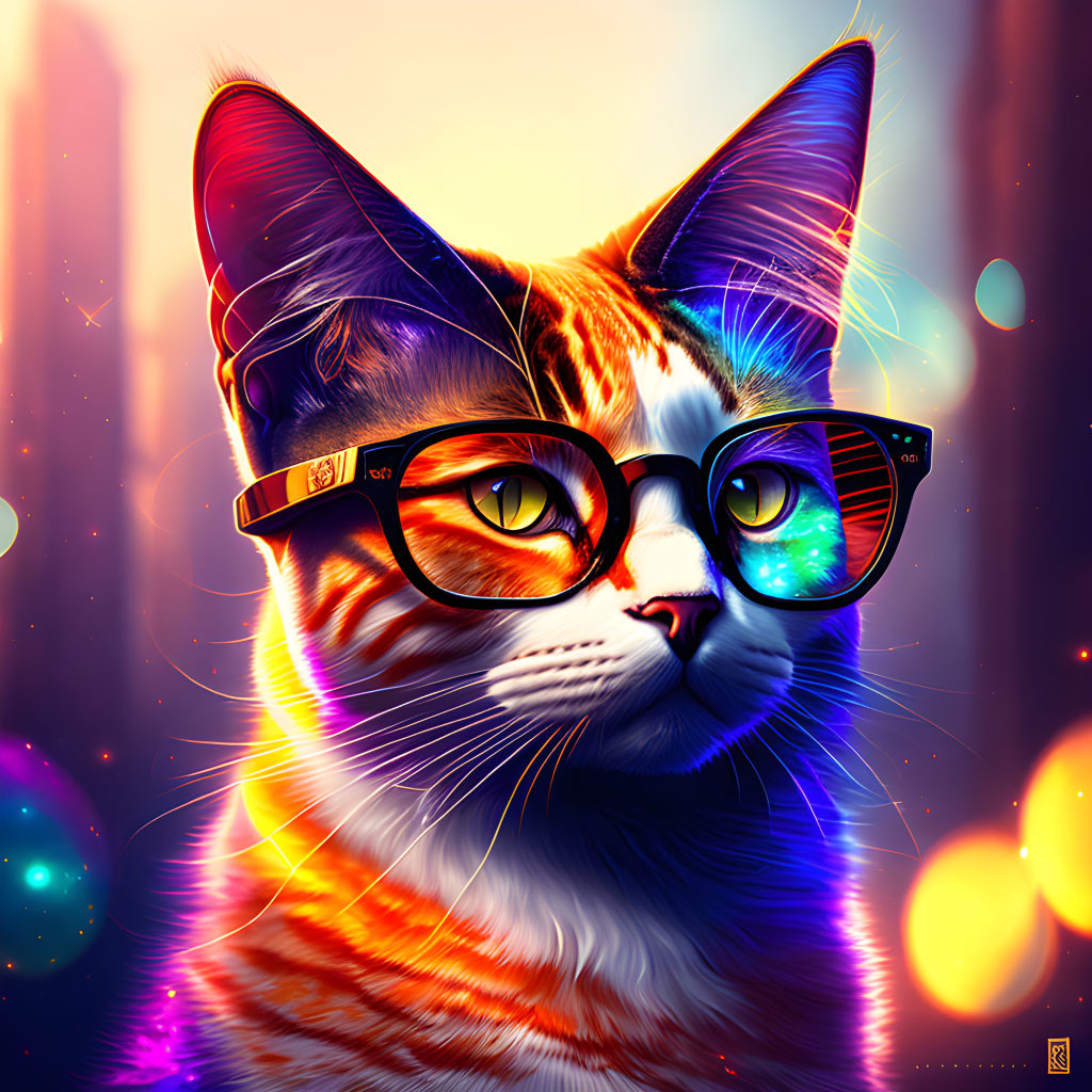 Colorful Digital Illustration of Stylish Cat with Glasses in Cityscape Reflections