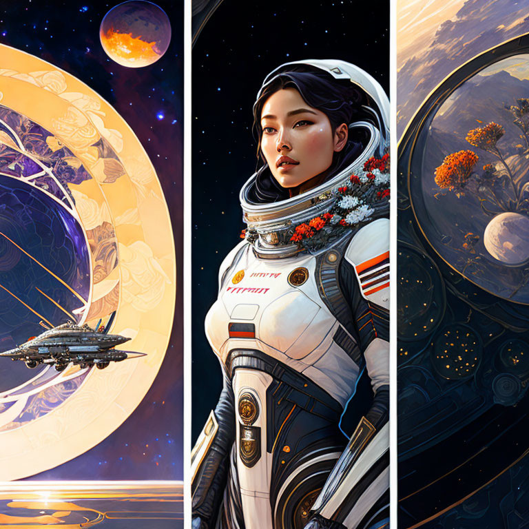 Futuristic astronaut in cosmic triptych with spaceship and planets