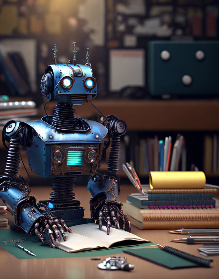 Blue-eyed robot writing in notebook in cozy vintage study room