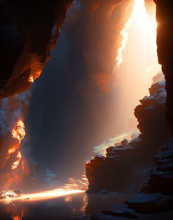 Sunlit Canyon with River Reflecting Warm Sun Glow