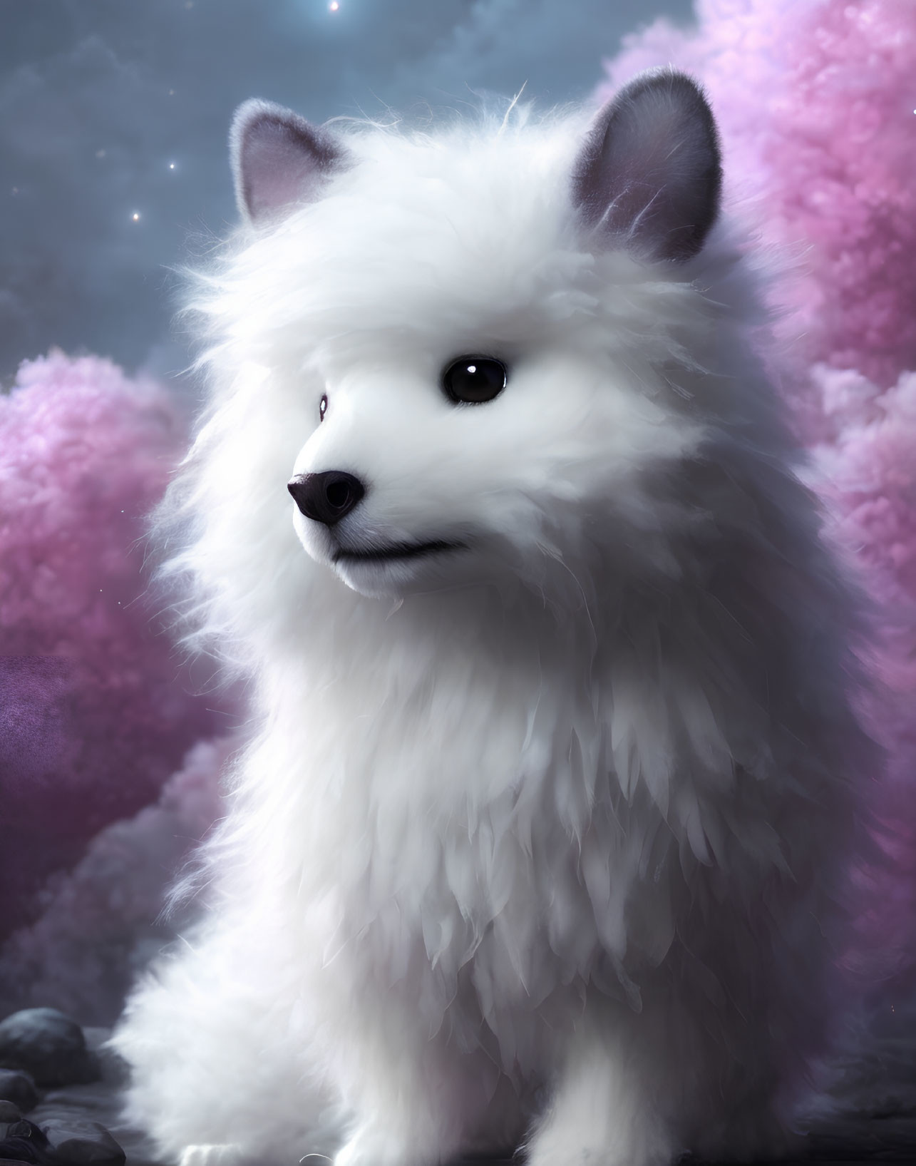 Fluffy White Dog in Pink Clouds and Starry Sky