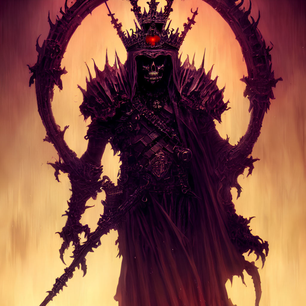 Dark armored figure with crowned skull and scepter against intricate backdrop.