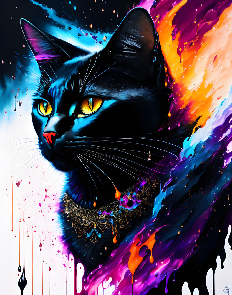 Colorful Cosmic Black Cat Artwork with Yellow Eyes and Neon Paint