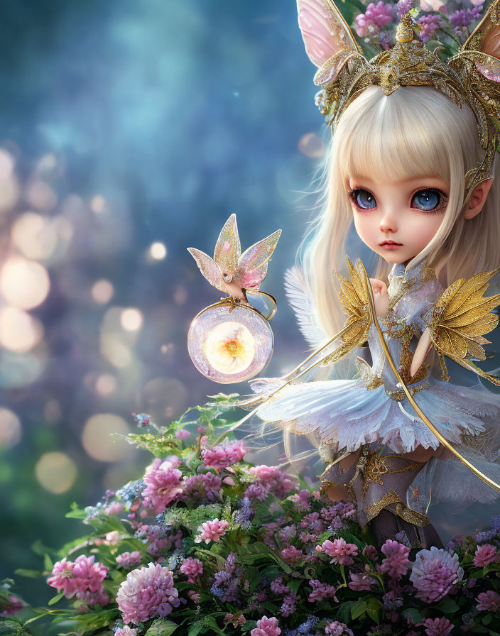 Fantastical doll-like character in fairy attire with butterfly lantern among lush flowers