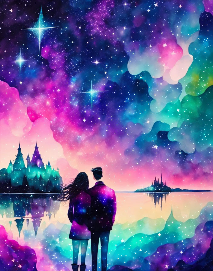 Romantic couple embracing under vibrant starry sky with nebula hues