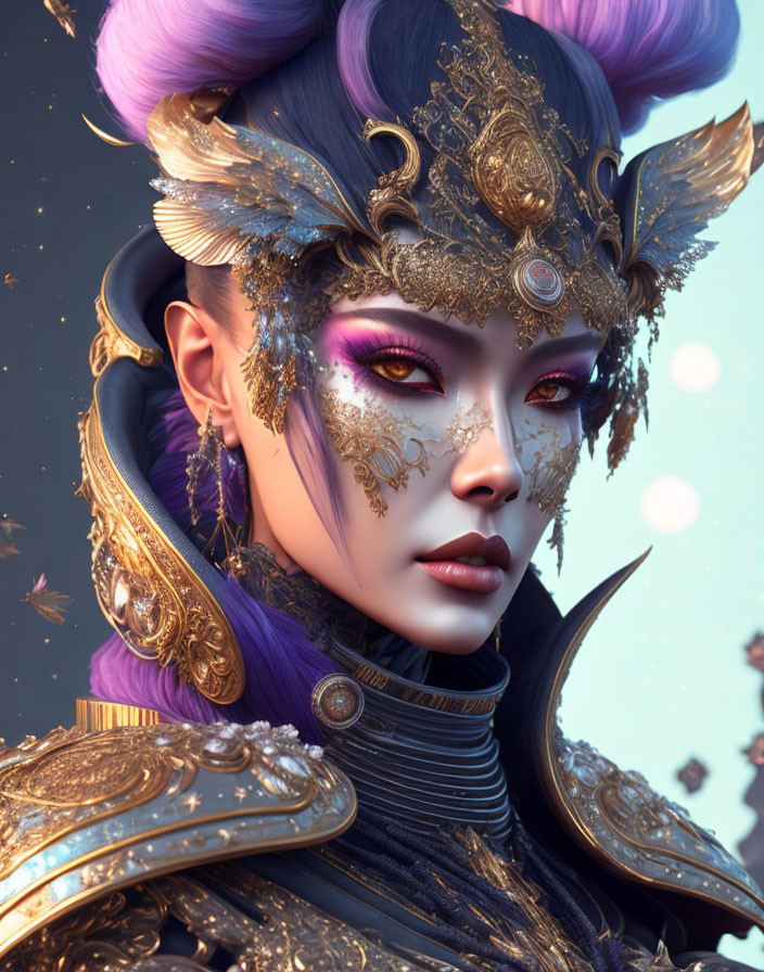 Digital artwork featuring woman with purple hair, ornate gold headdress, detailed makeup, piercing gaze,