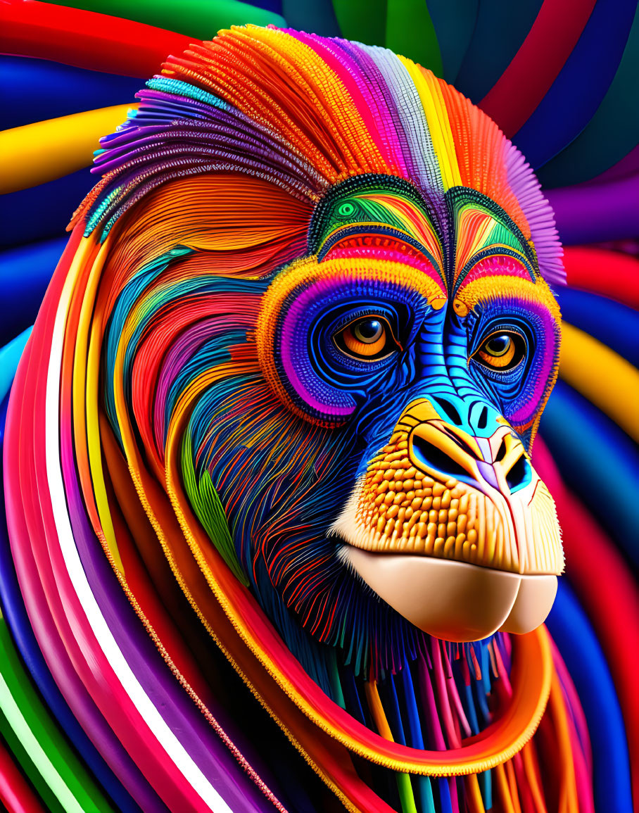 Colorful Monkey Face Artwork with Swirl Pattern and Concentric Circles