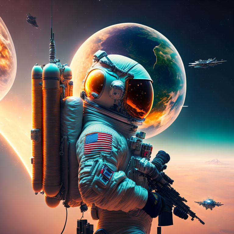 Astronaut with Earth reflection in visor, futuristic gear, cosmic backdrop.