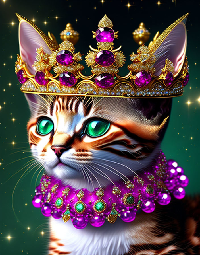 Digitally enhanced image of a cat with green eyes wearing a golden crown and jeweled collar