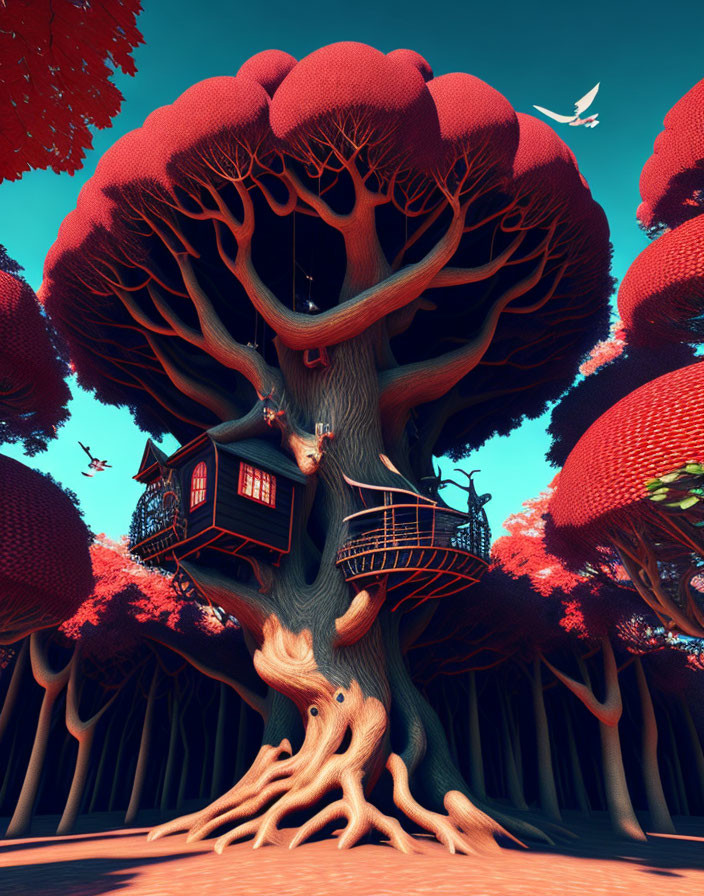 Digital artwork: Large tree with red foliage and intricate treehouse in forest setting