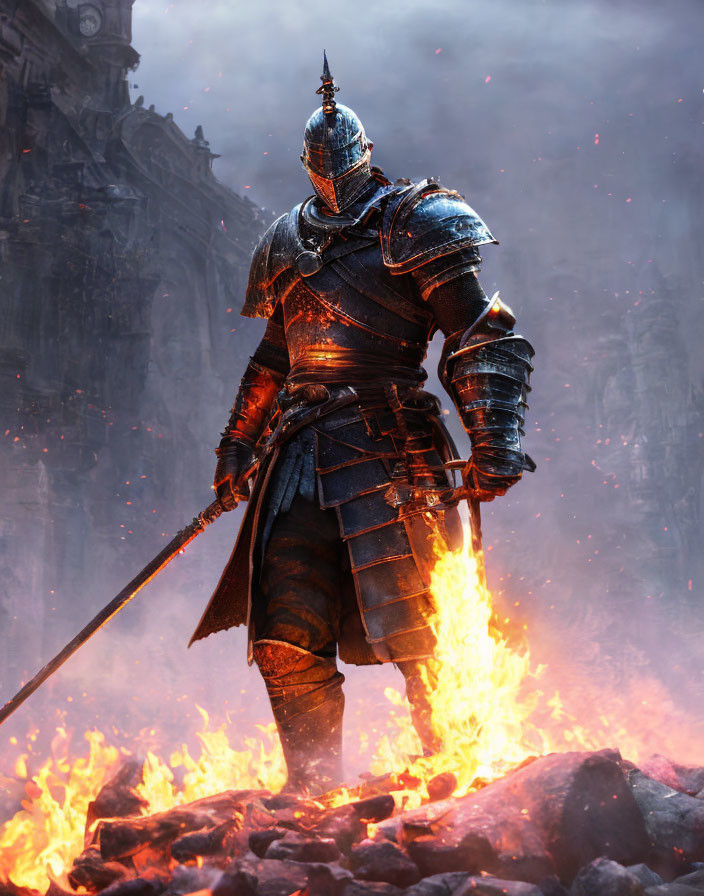 Armored knight with long sword in fiery battlefield chaos