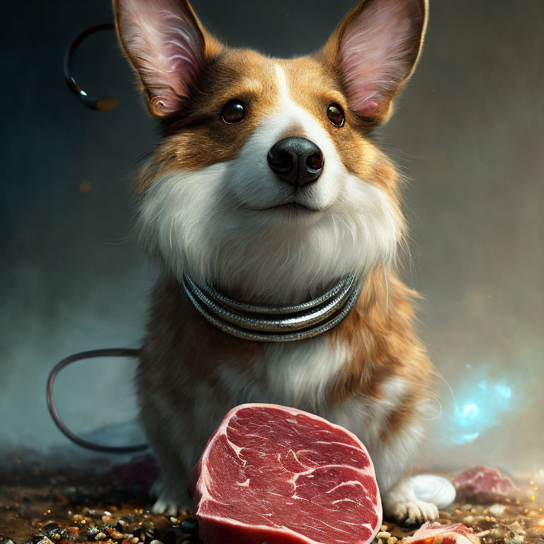 Brown and White Dog with Large Ears and Futuristic Collar Next to Raw Steak in Dramatic