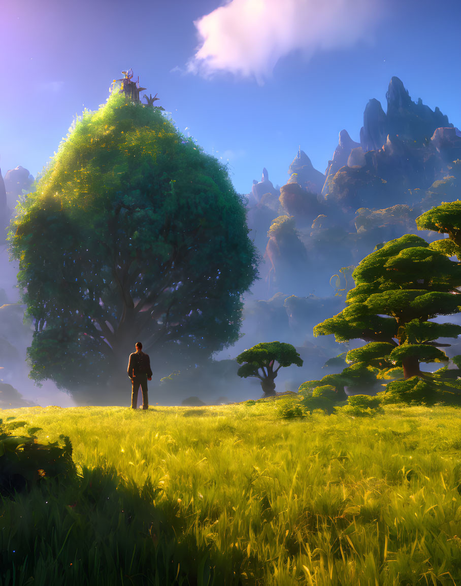 Serene meadow scene with person, tree house, and mountains