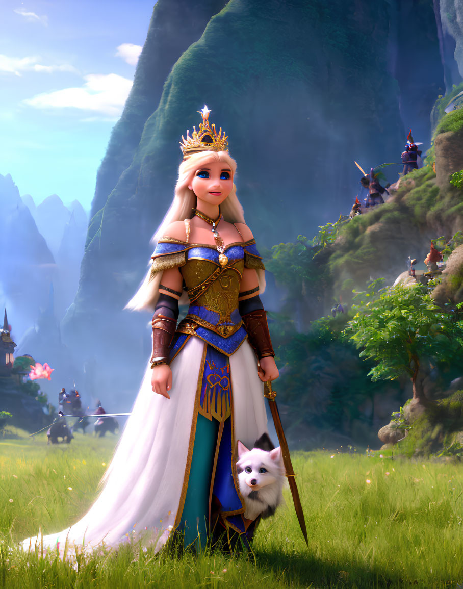 Regal animated queen in armor with crown and white cat on green cliffs.