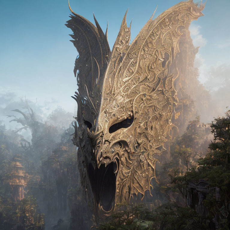 Detailed Golden Dragon Emerging from Misty Forest with Ancient Ruins