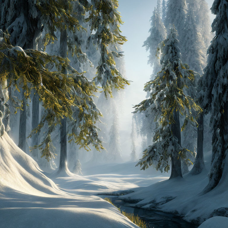 Serene forest path with snow-covered pine trees in soft sunlight