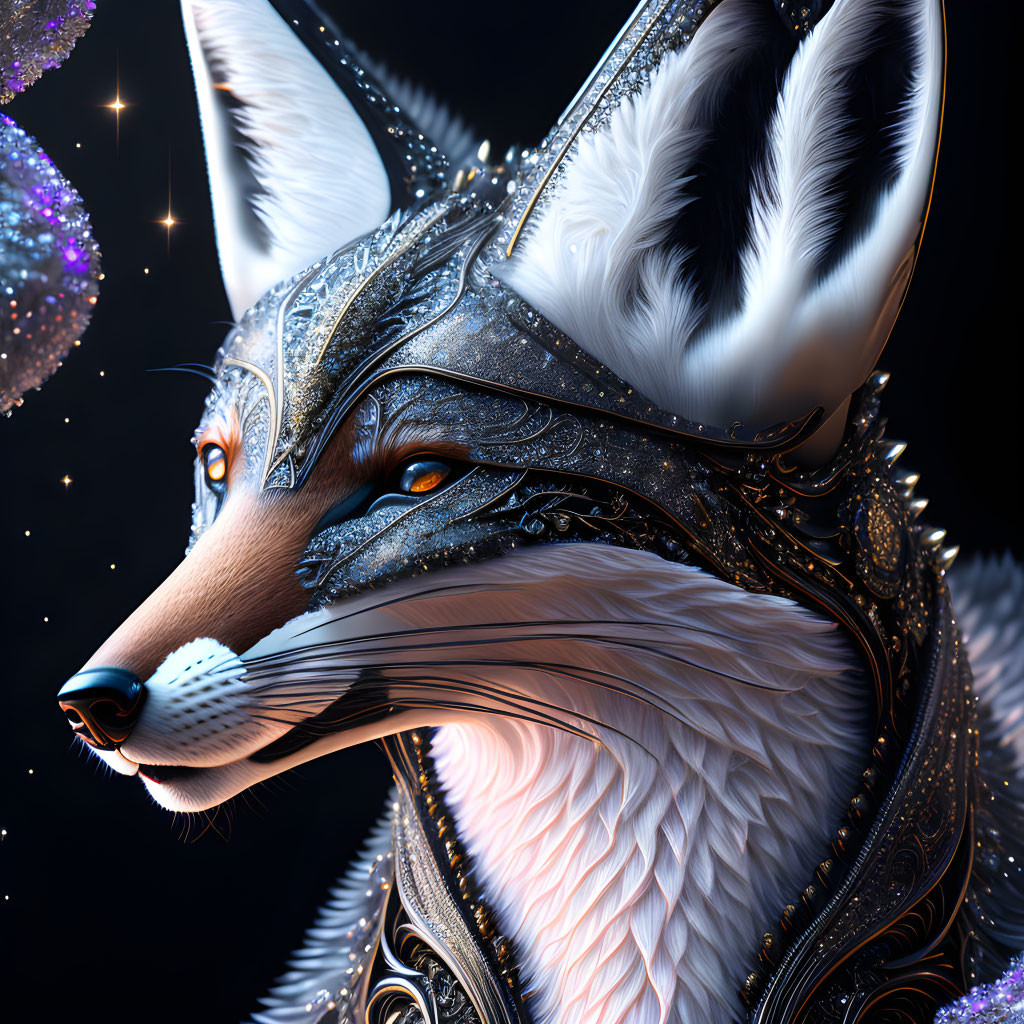 Detailed digital artwork of a fox with blue eyes in silver armor against starry backdrop