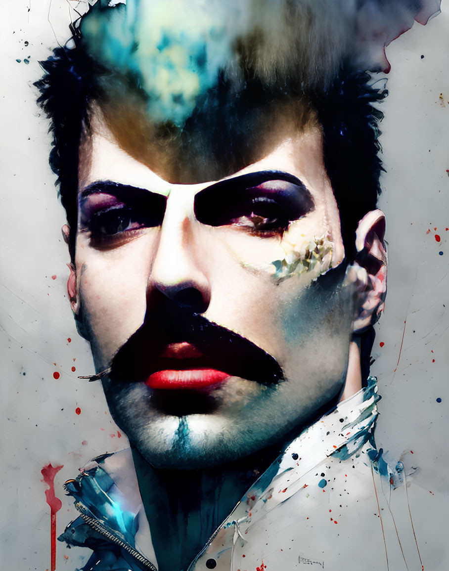 Abstract portrait with bold make-up and splattered colors on white background