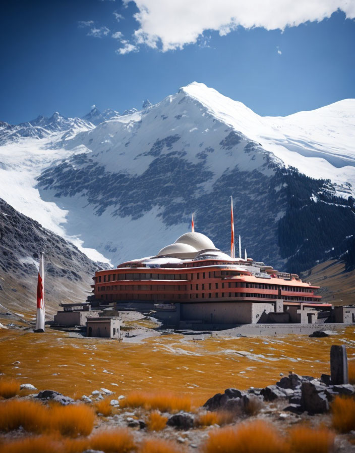 Orange-accented domed structure in snowy mountain valley under cloudy sky