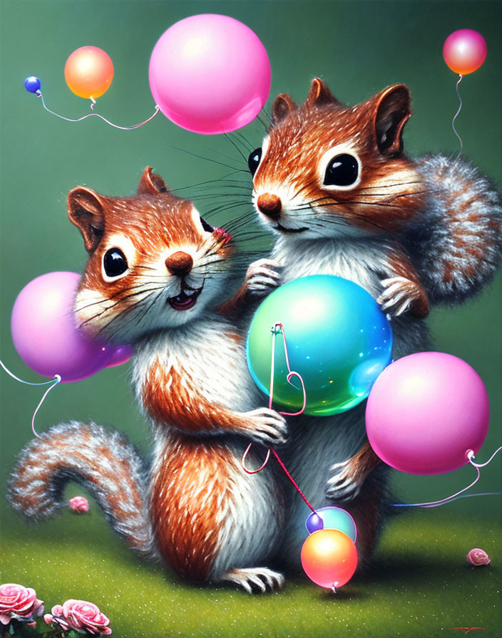 Illustrated squirrels with glass orb and balloons on green background