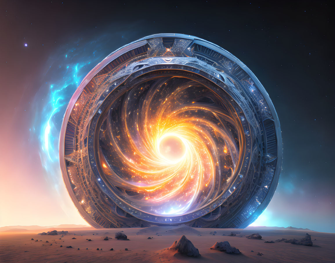 Futuristic circular structure with cosmic vortex in desert twilight