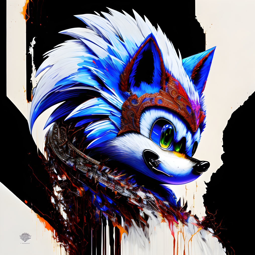 Vibrant digital artwork of determined fox with tribal headgear on abstract backdrop