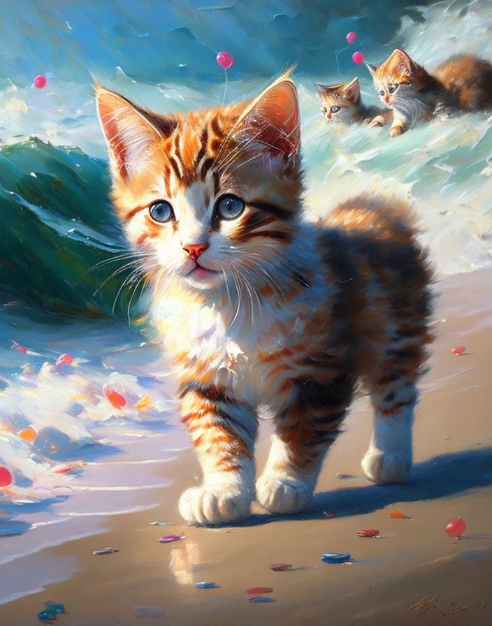 Orange and White Kitten with Blue Eyes on Sandy Surface with Playful Kittens in Background